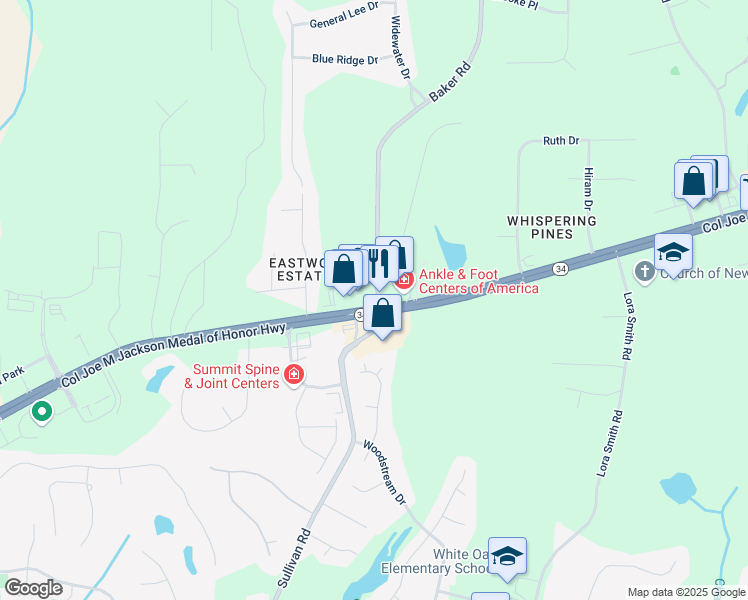 map of restaurants, bars, coffee shops, grocery stores, and more near 10 Baker Road in Newnan