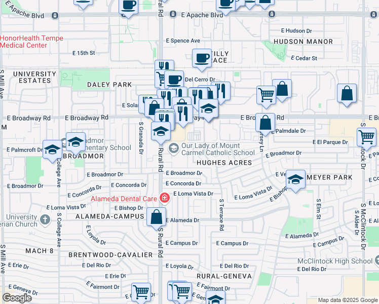 map of restaurants, bars, coffee shops, grocery stores, and more near 2110 South Bonarden Lane in Tempe
