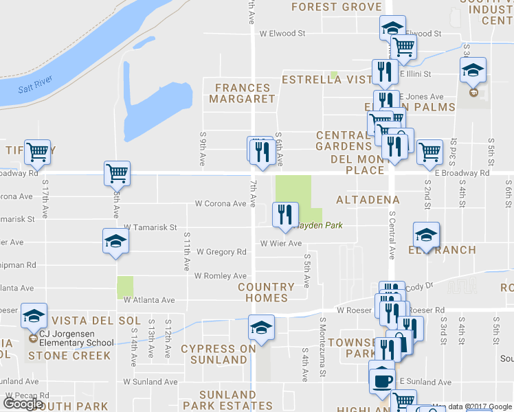 map of restaurants, bars, coffee shops, grocery stores, and more near 625 South 7th Avenue in Phoenix