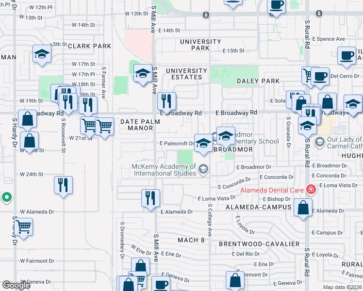 map of restaurants, bars, coffee shops, grocery stores, and more near 103 East Palmcroft Drive in Tempe