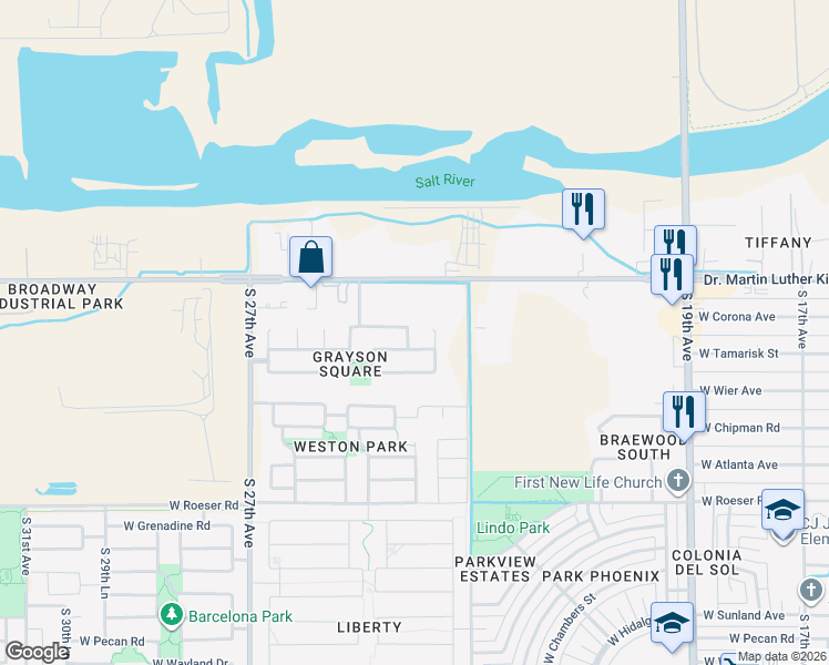 map of restaurants, bars, coffee shops, grocery stores, and more near 4523 South 24th Drive in Phoenix