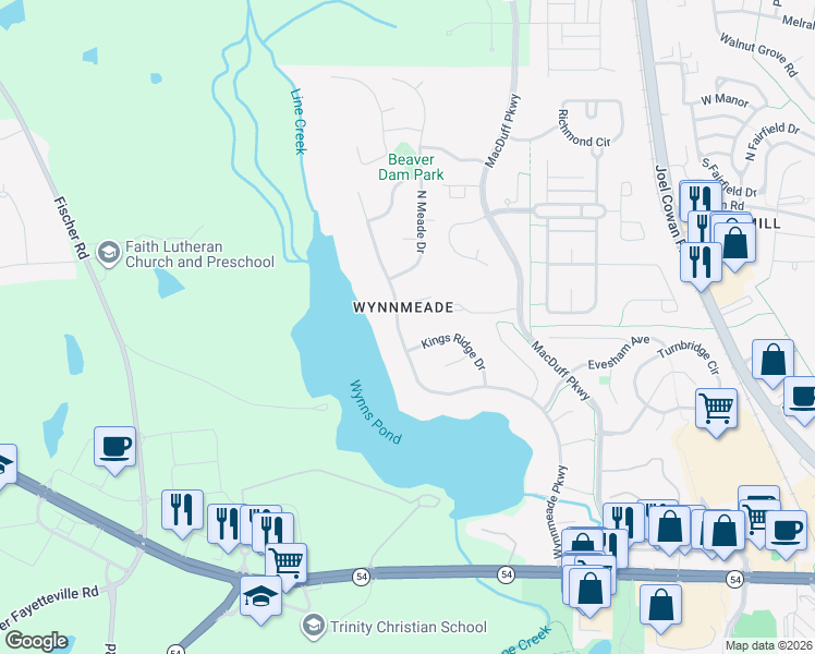 map of restaurants, bars, coffee shops, grocery stores, and more near 184 Wynnmeade Parkway in Peachtree City