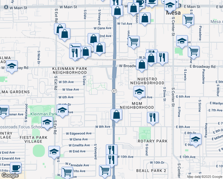 map of restaurants, bars, coffee shops, grocery stores, and more near 546 South Country Club Drive in Mesa