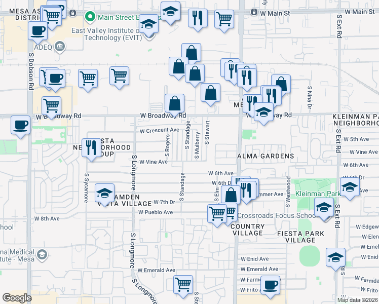 map of restaurants, bars, coffee shops, grocery stores, and more near 527 South Standage in Mesa