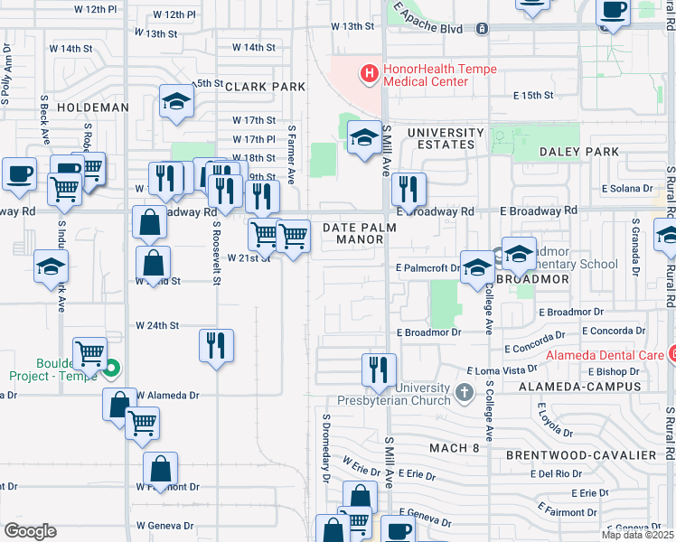 map of restaurants, bars, coffee shops, grocery stores, and more near 135 West Cottage Lane in Tempe