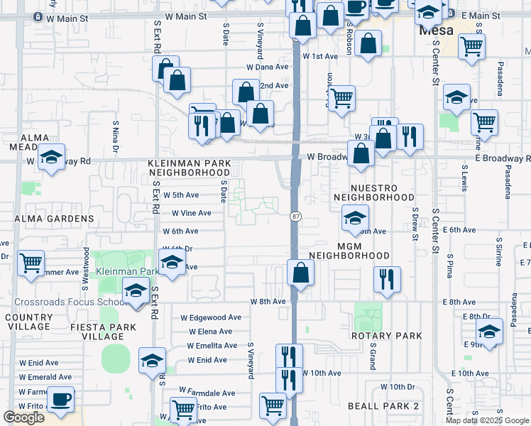 map of restaurants, bars, coffee shops, grocery stores, and more near 546 South Country Club Drive in Mesa