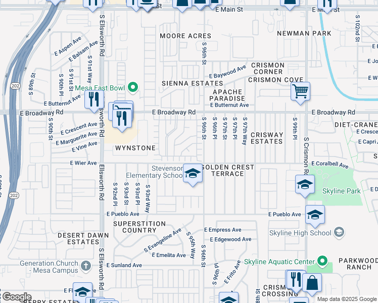 map of restaurants, bars, coffee shops, grocery stores, and more near 9327 South Cielo Grande Mobile Home Park in Mesa
