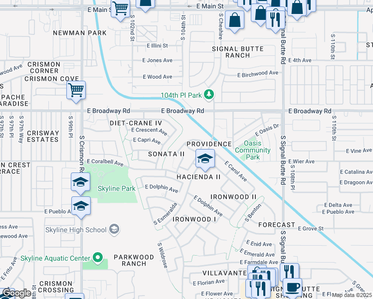 map of restaurants, bars, coffee shops, grocery stores, and more near 10411 East Crescent Avenue in Mesa