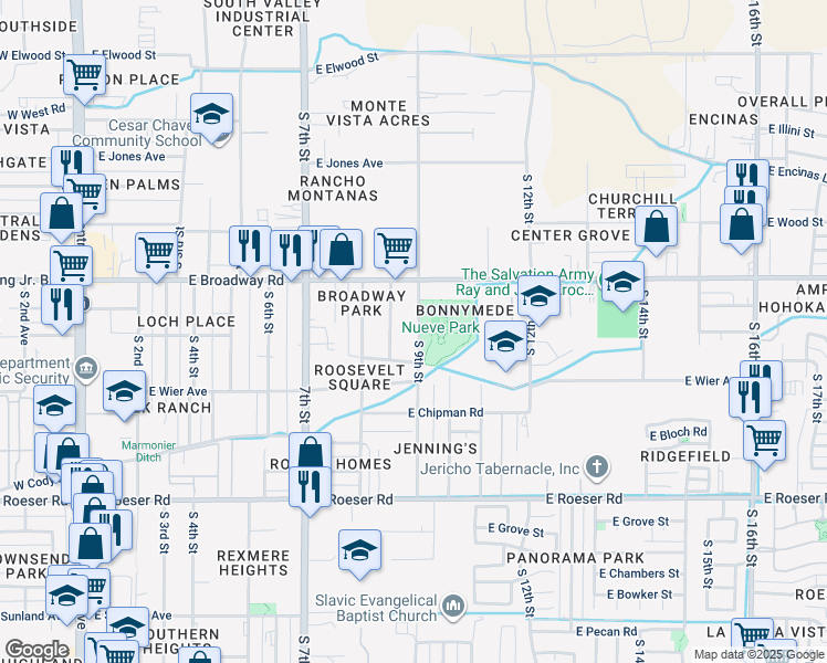 map of restaurants, bars, coffee shops, grocery stores, and more near 4446 South 9th Street in Phoenix