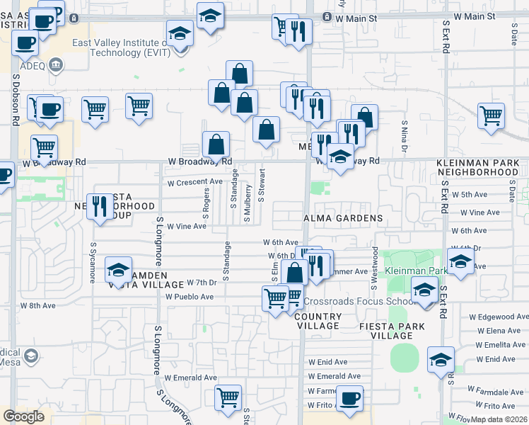 map of restaurants, bars, coffee shops, grocery stores, and more near 527 South Stewart in Mesa