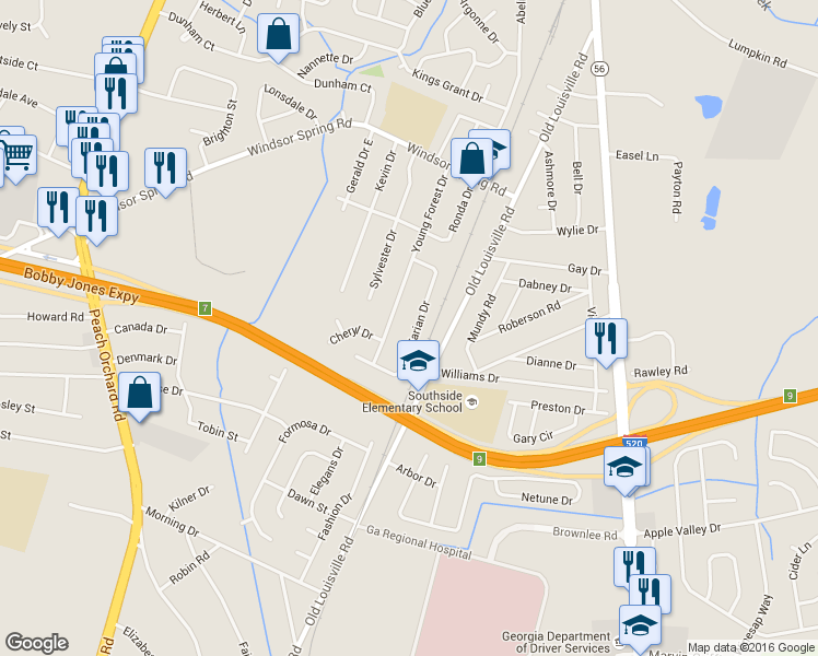 map of restaurants, bars, coffee shops, grocery stores, and more near 3323 Karian Drive in Augusta