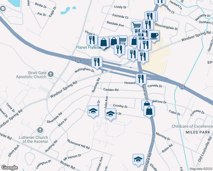 map of restaurants, bars, coffee shops, grocery stores, and more near 3107 Julia Avenue in Augusta
