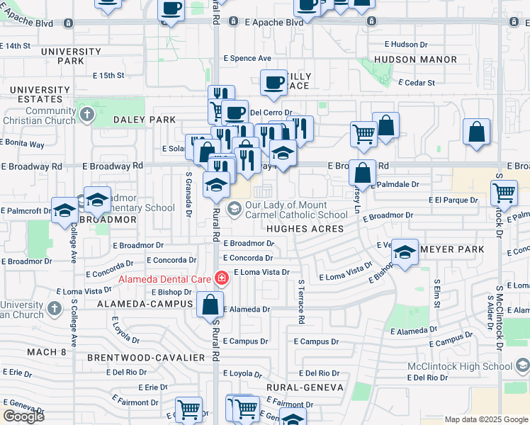 map of restaurants, bars, coffee shops, grocery stores, and more near 2110 South Bonarden Lane in Tempe