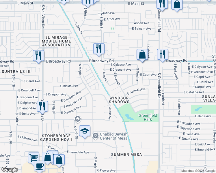 map of restaurants, bars, coffee shops, grocery stores, and more near 564 South Nassau in Mesa