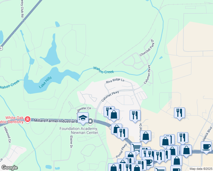 map of restaurants, bars, coffee shops, grocery stores, and more near 142 Riva Ridge Lane in Newnan