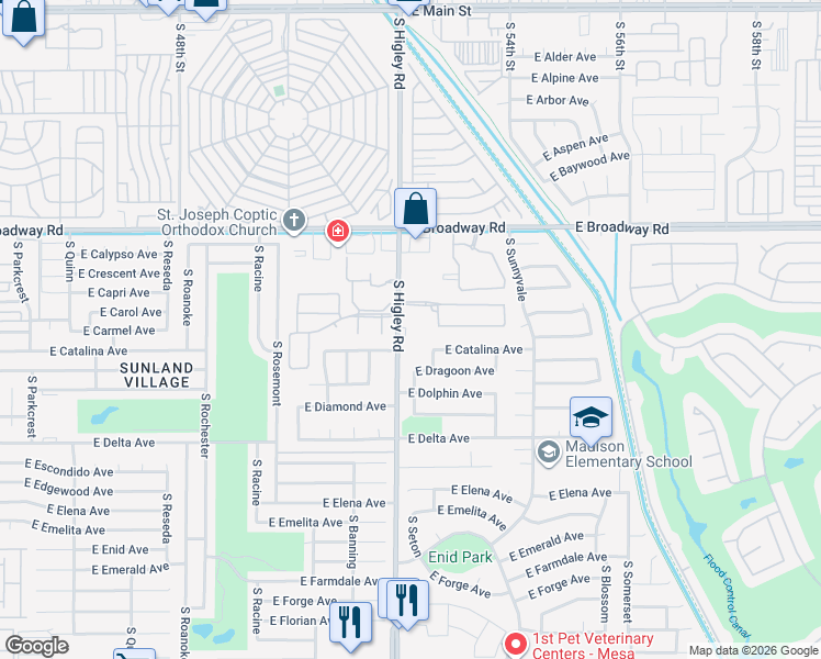 map of restaurants, bars, coffee shops, grocery stores, and more near 551 South Higley Road in Mesa