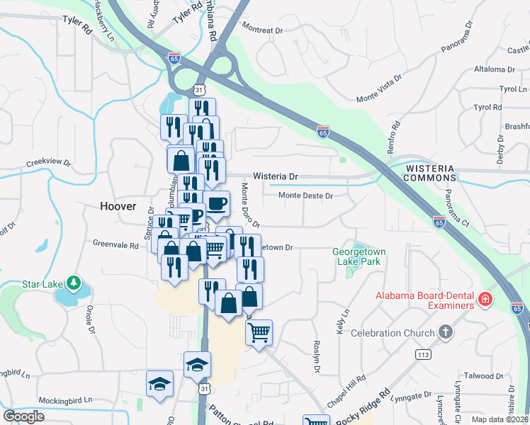 map of restaurants, bars, coffee shops, grocery stores, and more near 3221 Monte Verde Circle in Birmingham
