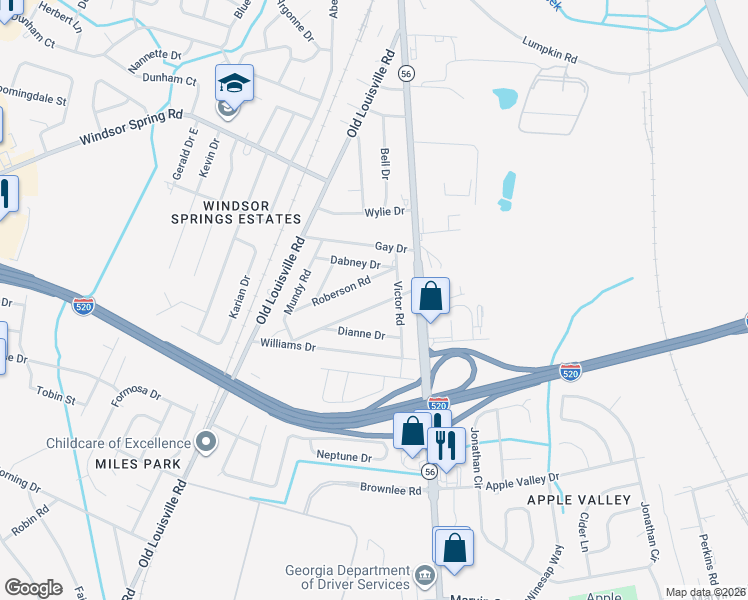 map of restaurants, bars, coffee shops, grocery stores, and more near 1915 Moore Road in Augusta