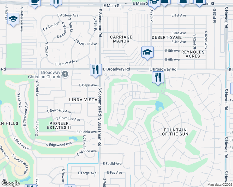 map of restaurants, bars, coffee shops, grocery stores, and more near 7750 East Coralbell Avenue in Mesa
