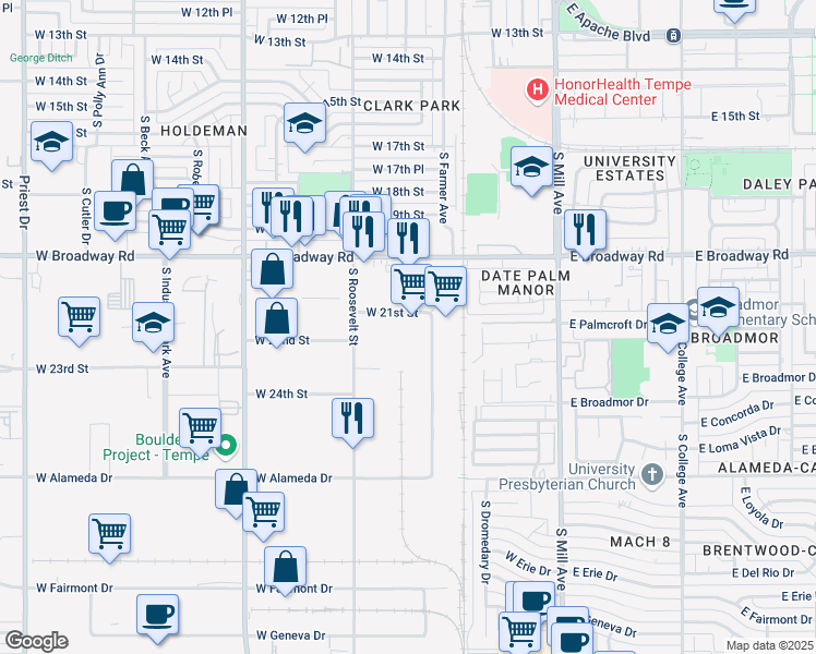 map of restaurants, bars, coffee shops, grocery stores, and more near 2100-2404 S Wilson St in Tempe