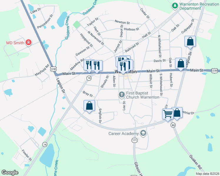 map of restaurants, bars, coffee shops, grocery stores, and more near 194 Academy Street in Warrenton