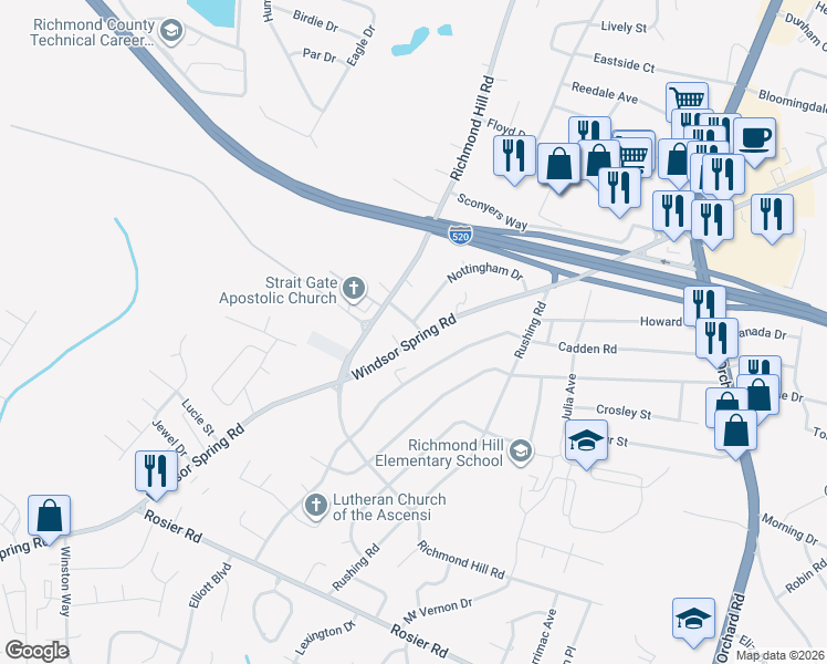 map of restaurants, bars, coffee shops, grocery stores, and more near 2227 Windsor Spring Road in Augusta