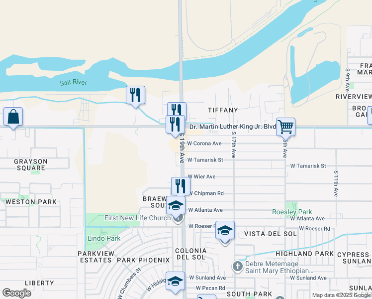 map of restaurants, bars, coffee shops, grocery stores, and more near 1855 West Corona Avenue in Phoenix
