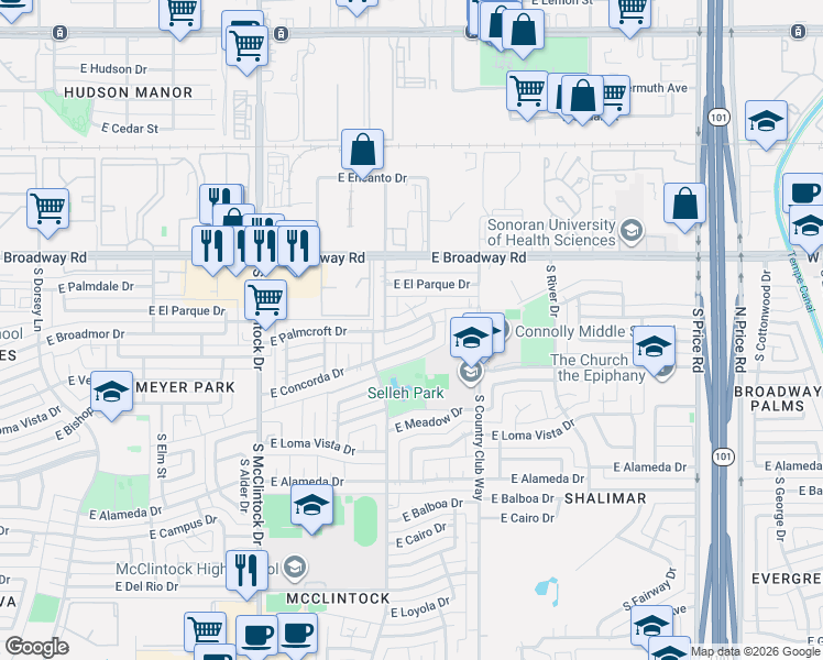map of restaurants, bars, coffee shops, grocery stores, and more near 1921 East Palmcroft Drive in Tempe