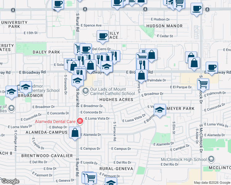 map of restaurants, bars, coffee shops, grocery stores, and more near 1135 East Palmcroft Drive in Tempe