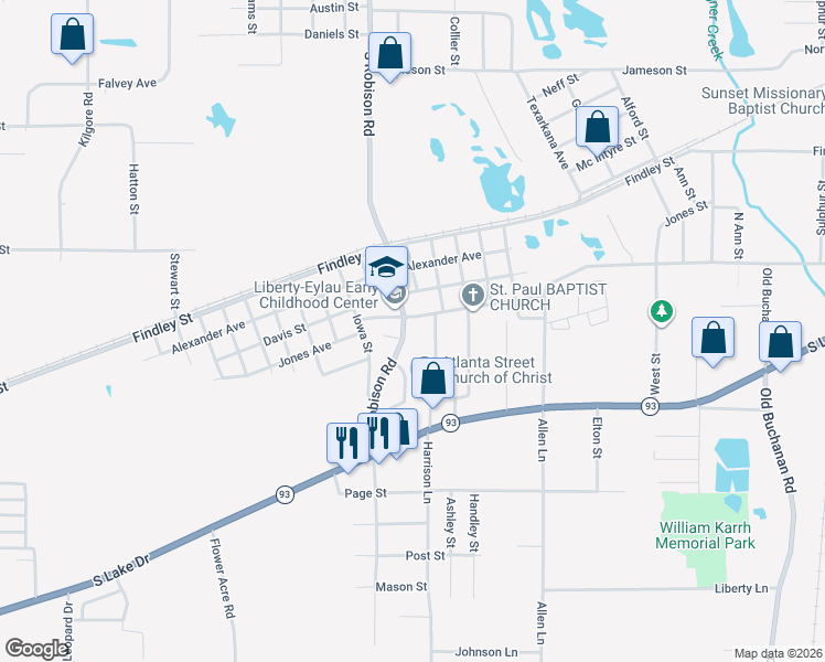 map of restaurants, bars, coffee shops, grocery stores, and more near 1607 South Robison Road in Texarkana