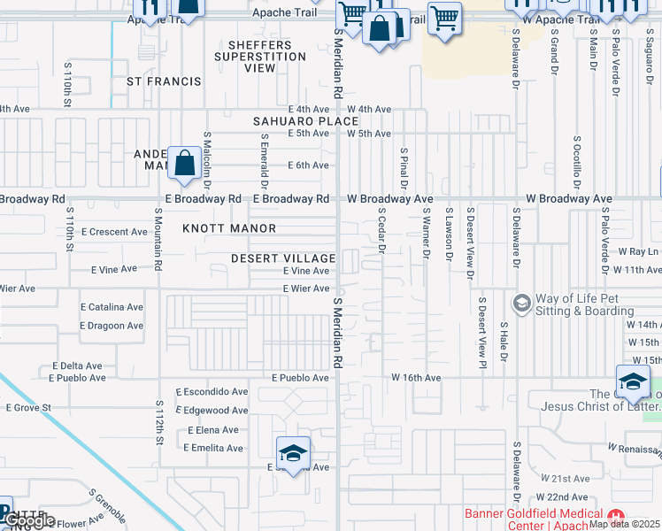 map of restaurants, bars, coffee shops, grocery stores, and more near 512 South Meridian Road in Apache Junction