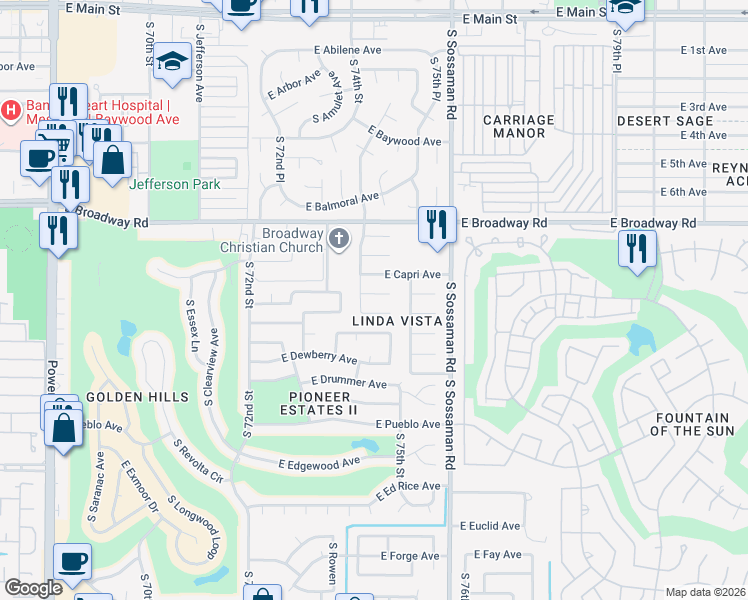map of restaurants, bars, coffee shops, grocery stores, and more near 7443 East Carol Circle in Mesa