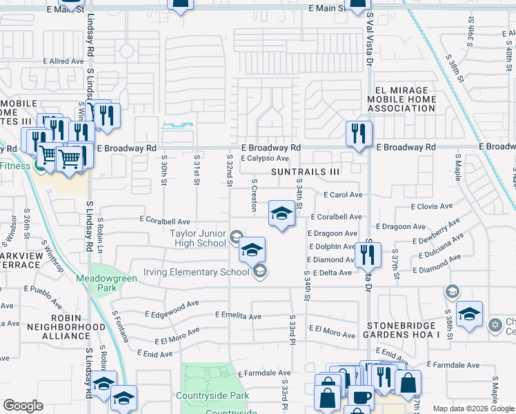 map of restaurants, bars, coffee shops, grocery stores, and more near 3253 East Carmel Avenue in Mesa
