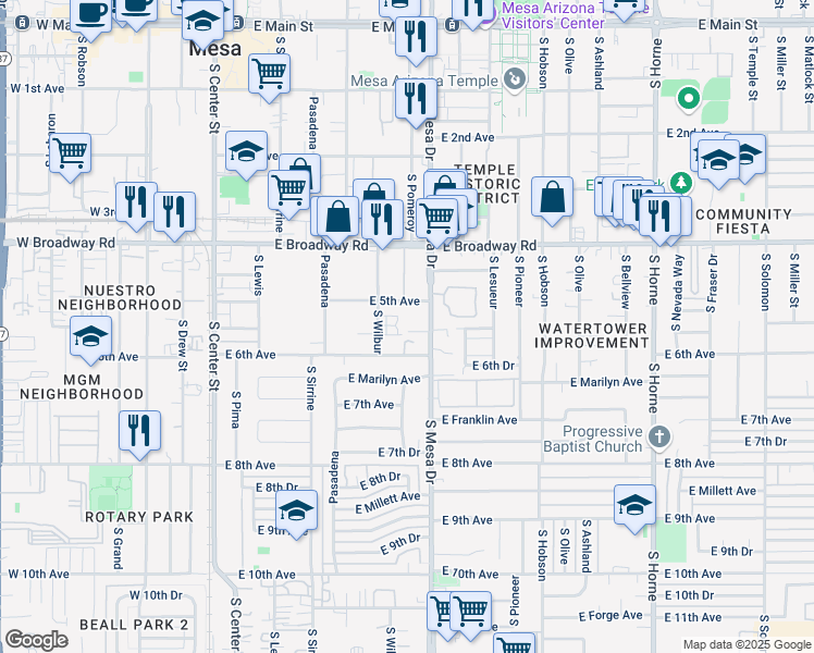 map of restaurants, bars, coffee shops, grocery stores, and more near 528 South Mesa Drive in Mesa