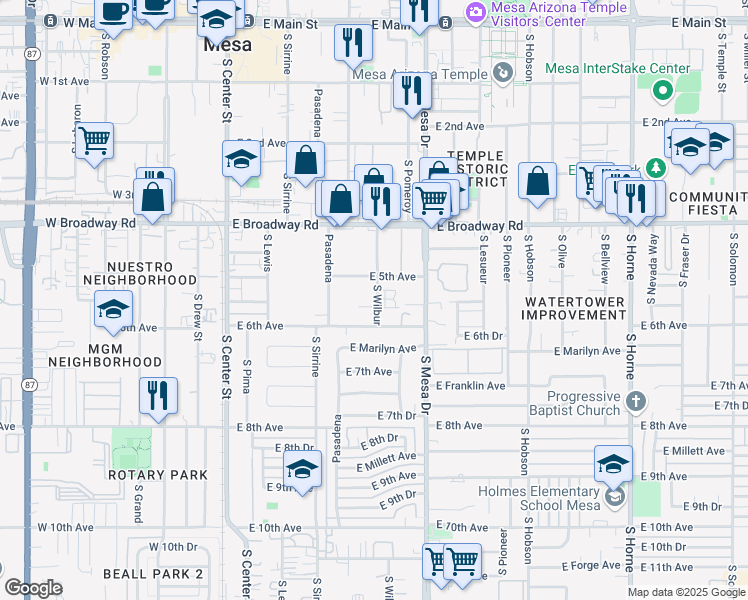 map of restaurants, bars, coffee shops, grocery stores, and more near 305 East Vine Circle in Mesa