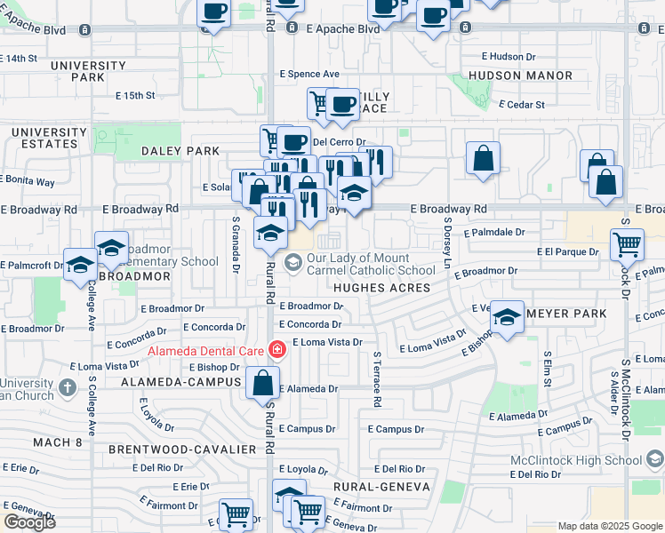 map of restaurants, bars, coffee shops, grocery stores, and more near 2110 South Bonarden Lane in Tempe