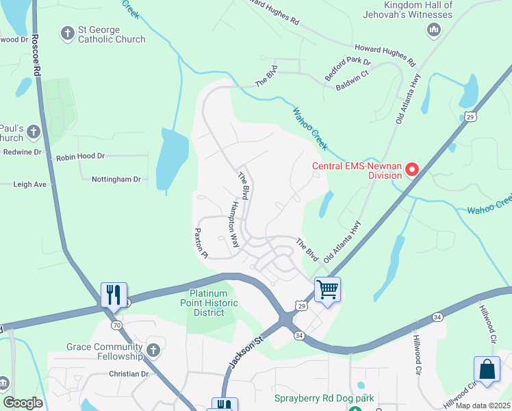 map of restaurants, bars, coffee shops, grocery stores, and more near 229 The Boulevard in Newnan