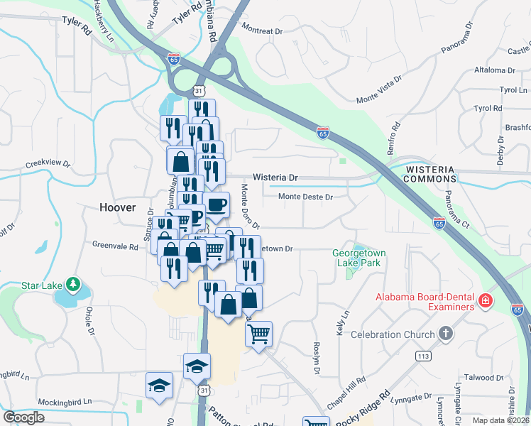 map of restaurants, bars, coffee shops, grocery stores, and more near 3221 Monte Verde Circle in Birmingham