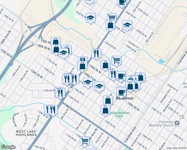 map of restaurants, bars, coffee shops, grocery stores, and more near 1815 8th Avenue North in Bessemer