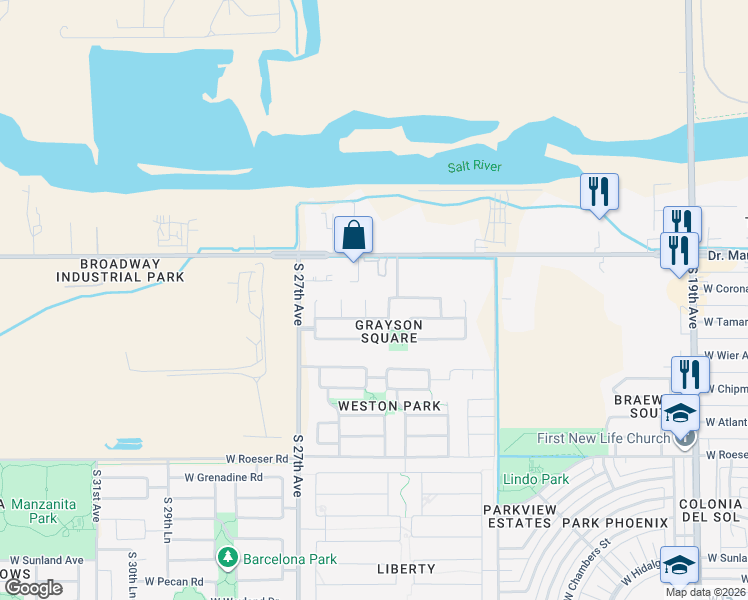 map of restaurants, bars, coffee shops, grocery stores, and more near 4519 South 25th Lane in Phoenix