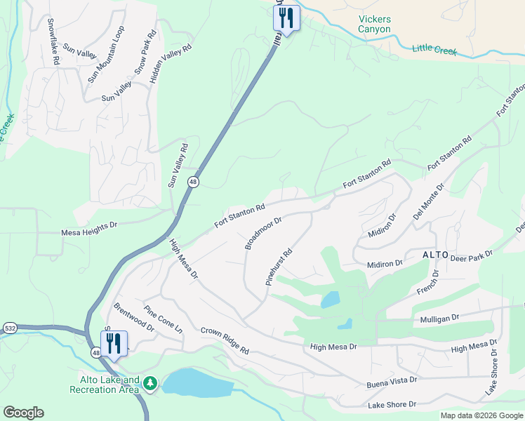 map of restaurants, bars, coffee shops, grocery stores, and more near 144-186 Fort Stanton Road in Alto