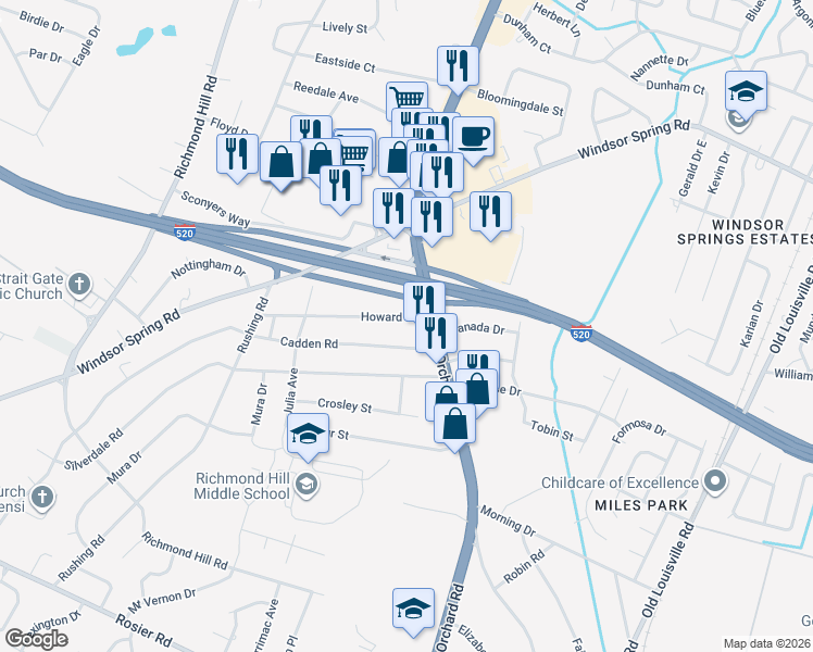 map of restaurants, bars, coffee shops, grocery stores, and more near 2106 Howard Road in Augusta