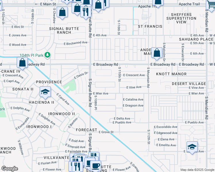 map of restaurants, bars, coffee shops, grocery stores, and more near 10914 East Carol Avenue in Mesa