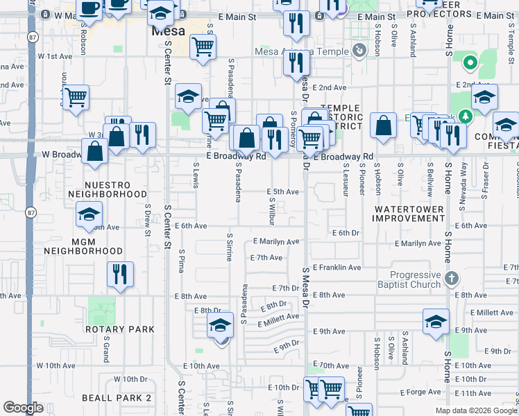 map of restaurants, bars, coffee shops, grocery stores, and more near 537 South Pasadena in Mesa