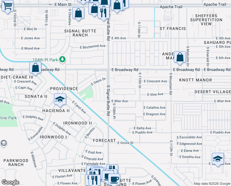 map of restaurants, bars, coffee shops, grocery stores, and more near 10830 East Carol Avenue in Mesa