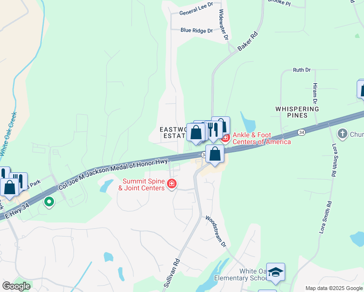 map of restaurants, bars, coffee shops, grocery stores, and more near 3 Eastwood Drive in Newnan