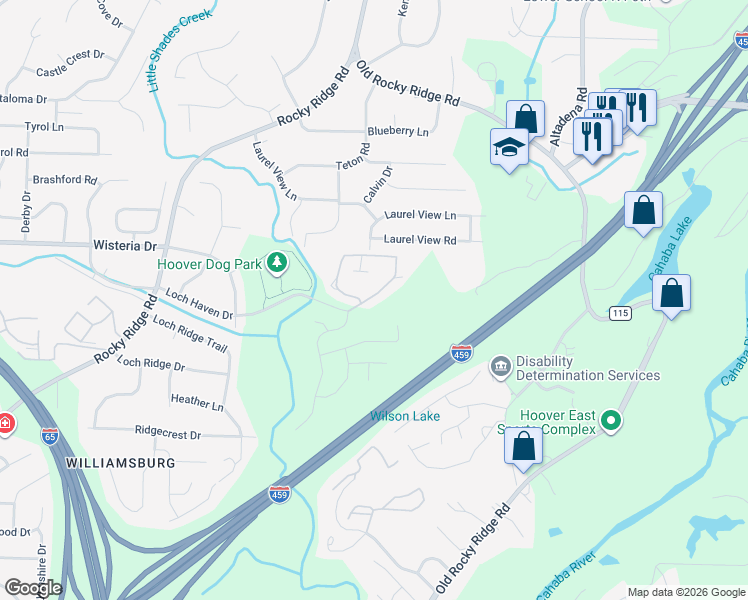map of restaurants, bars, coffee shops, grocery stores, and more near 3604 Haven View Circle in Birmingham