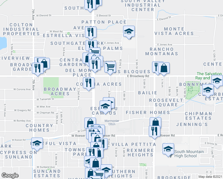 map of restaurants, bars, coffee shops, grocery stores, and more near 4445 South 2nd Street in Phoenix