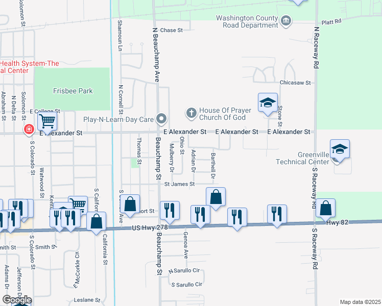 map of restaurants, bars, coffee shops, grocery stores, and more near 251 Adrian Drive in Greenville
