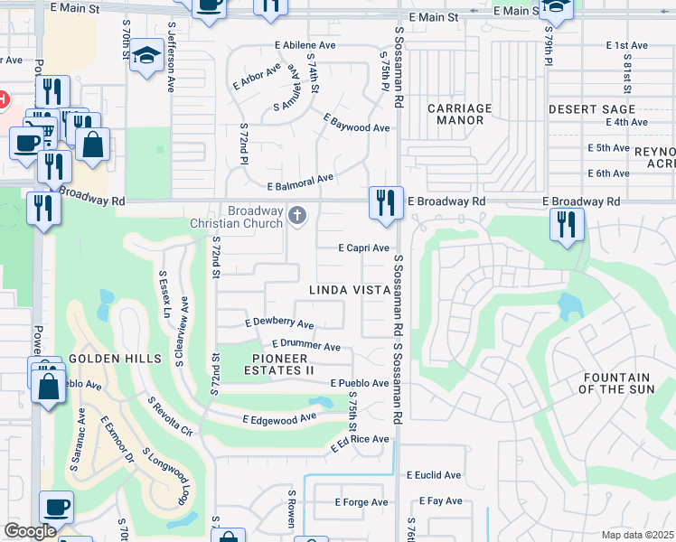 map of restaurants, bars, coffee shops, grocery stores, and more near 7447 East Carol Circle in Mesa